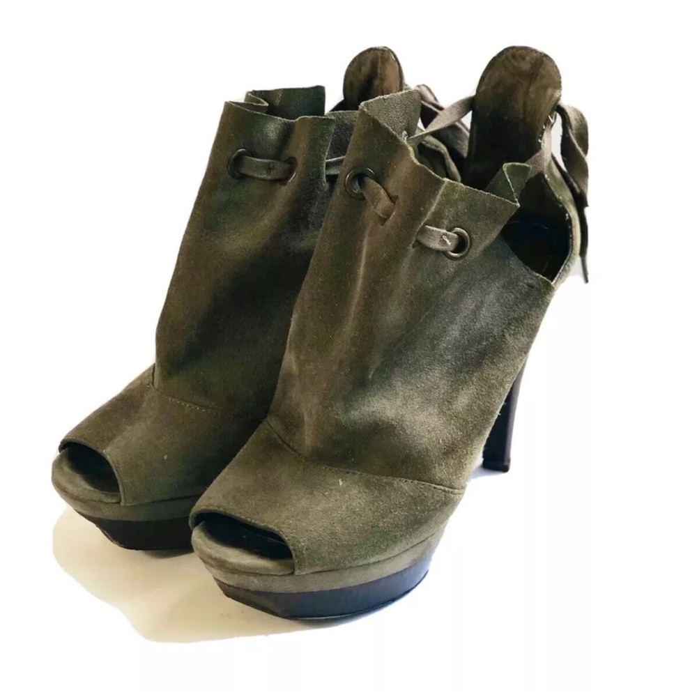 NINE WEST $169 Moss Green Brown Rare Hedley Suede High Heel Peep Toe Bootie 8.5